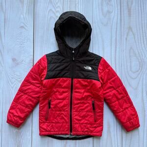 The North Face Boys Reversible Puffer Fleece Jacket Hooded Size S 7/8 Red Black